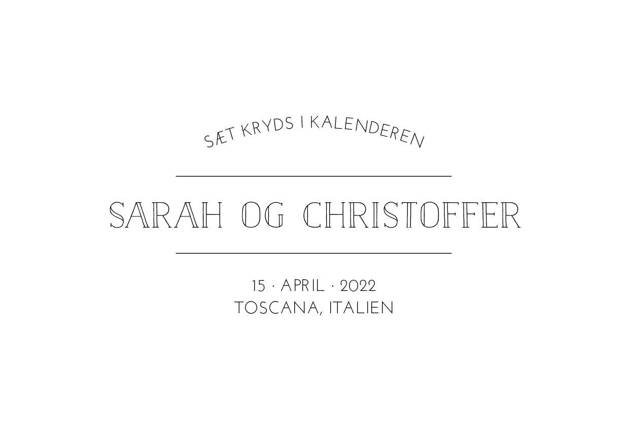 
                Denne save the date er smukt til jeres klassiske bryllup med en tvist af denne cool font. En save the date er den perfekte måde til at sige til dine gæster at de skal sætte et kryds i kalenderen på jeres unikke dag. Til designet kommer også matchende elementer i form af invitation, velkomstskilt, salmehæfte, bordoversigt, menukort, drinkskort, takkekort mm. således I kan skabe en rød tråd for dagen.                